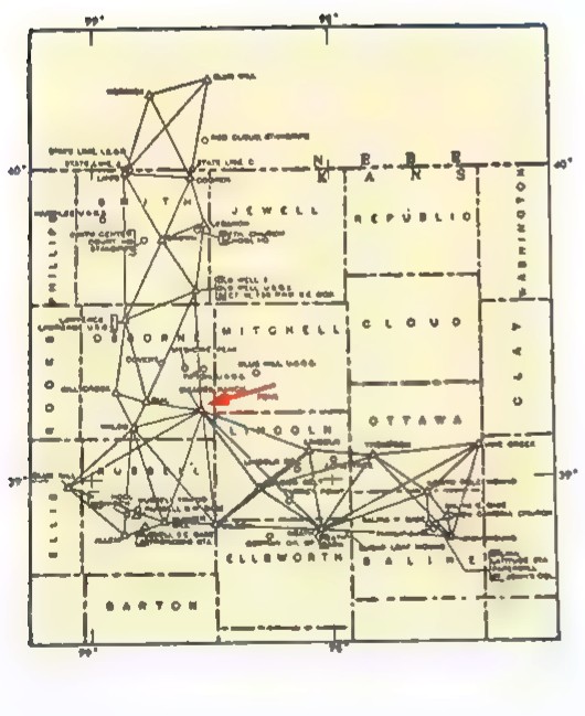 A survey map with a heavy network of triangles laid over the Kansas–Nebraska region, with an arrow marking Meades Ranch.