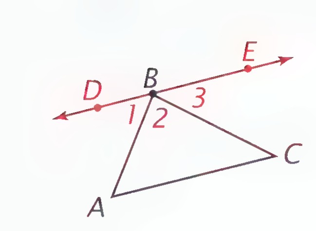 Triangle ABC with line DE drawn through B parallel to AC; angles 1, 2, and 3 are marked at B.