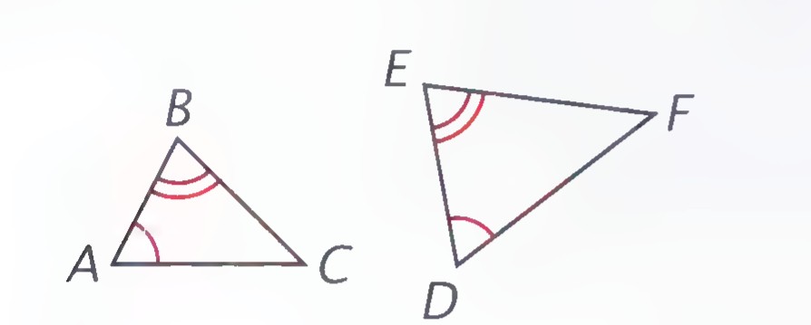Two triangles, ABC and DEF, with angles A and D marked equal and angles B and E marked equal by matching arcs.