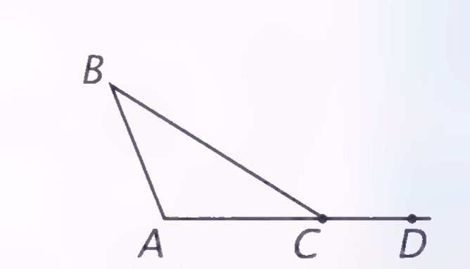 Triangle ABC with side BC extended to D, so that angle BCD is an exterior angle at C.