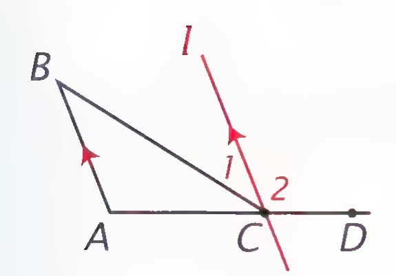 Triangle ABC with side AC extended to D and line l drawn through C parallel to AB; angles 1 and 2 are marked at C.