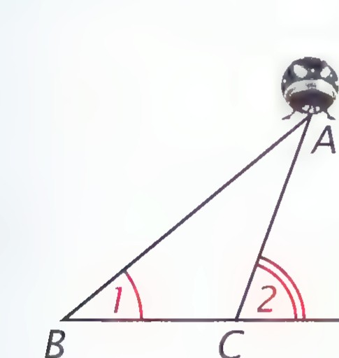 A saucer-shaped UFO at A above a horizontal line through B and C, with sight lines AB and AC drawn and angles 1 at B and 2 at C marked.