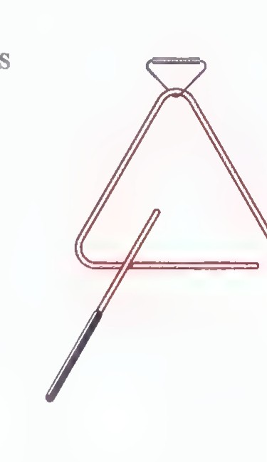 A steel percussion triangle hanging from a loop, with its striker lying beside it.