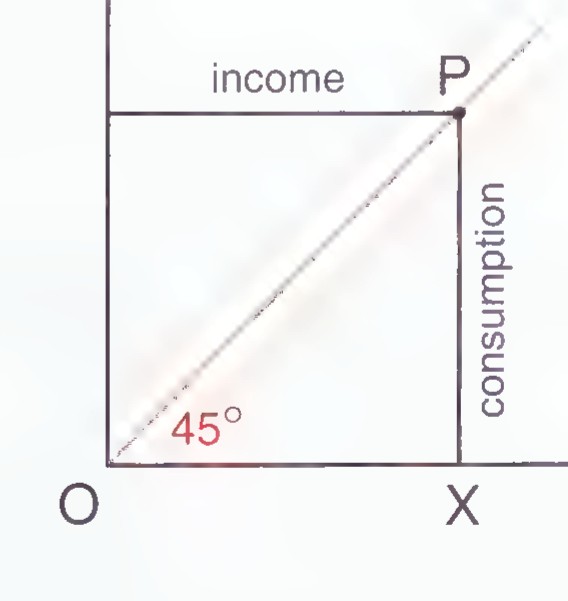 Graph with origin O and horizontal axis X, a diagonal at 45° to the axes, and point P on the diagonal with XP perpendicular to OX; the vertical side is labeled consumption and the top side income.
