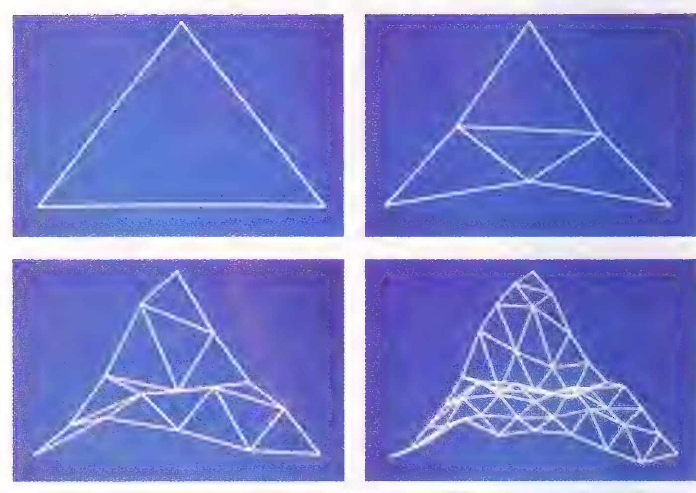Four computer images in sequence: a single outlined triangle, the same triangle divided into four by its midpoints, then bent into a pyramid of sixteen triangles, and finally a dense triangulated mesh shaped like a mountain.