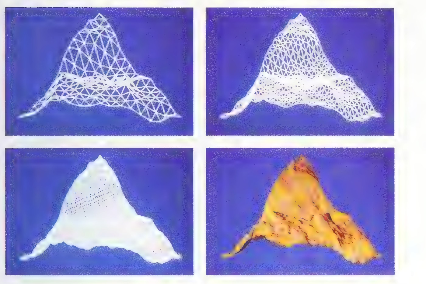 Four more stages of the fractal mountain: the wire frame densified, the mesh filling in, a shaded surface, and finally a coloured rocky mountain rising from a blue background.