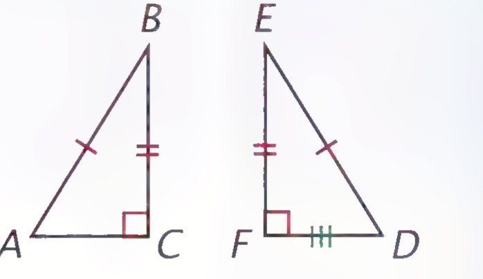 Right triangles ABC and DEF with right angles at C and F; hypotenuses AB and DE are marked equal, as are legs BC and EF.
