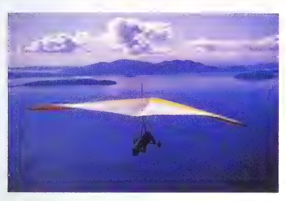 Photograph of a hang glider soaring high above a lake, its pilot dangling below the wide swept wing.