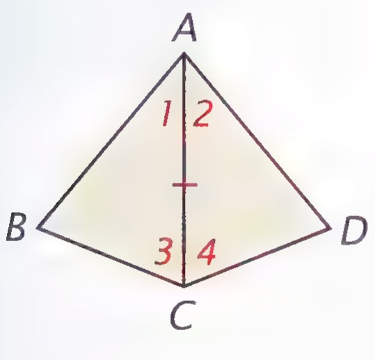 A kite-shaped sail made of triangles ABC and ADC sharing diagonal AC, with angles 1, 2, 3, and 4 marked at A and C.