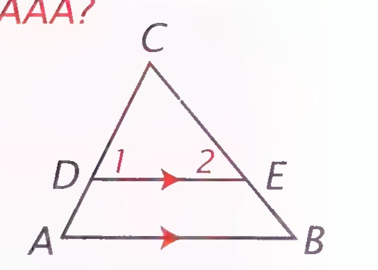 Triangle ABC with DE drawn inside it parallel to AB, and angles 1 at D and 2 at E marked.