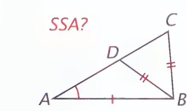 Triangle ABC with point D on AC and segment DB drawn; BD and BC are marked equal.
