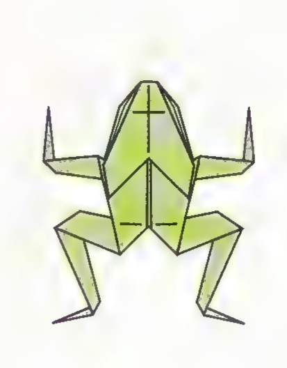 A green folded paper frog standing on its four legs.