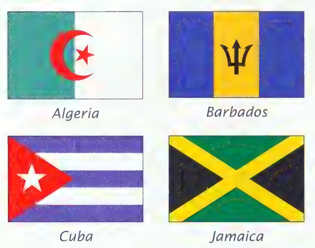 Four national flags in a two-by-two grid, labeled Algeria, Barbados, Cuba, and Jamaica.