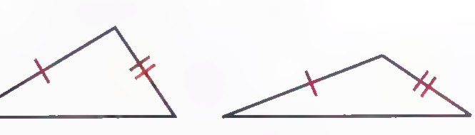 Two triangles with two pairs of equal sides marked, one narrow and one wide, whose third sides clearly differ.