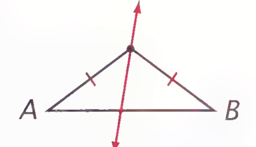 Segment AB with a point above it marked with two equal tick marks toward A and B, and a slanted line through that point.
