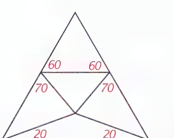 An equilateral triangle divided into five pieces by a horizontal segment and four slanted segments, with angles 60°, 60° at the top, 70°, 70° in the middle, and 20°, 20° at the base marked.