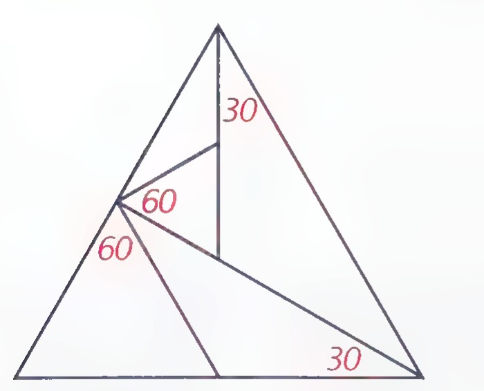 An equilateral triangle divided into five pieces by a vertical segment and several slanted segments, with angles 30° at the top, 60° and 60° on the left, and 30° at the base marked.