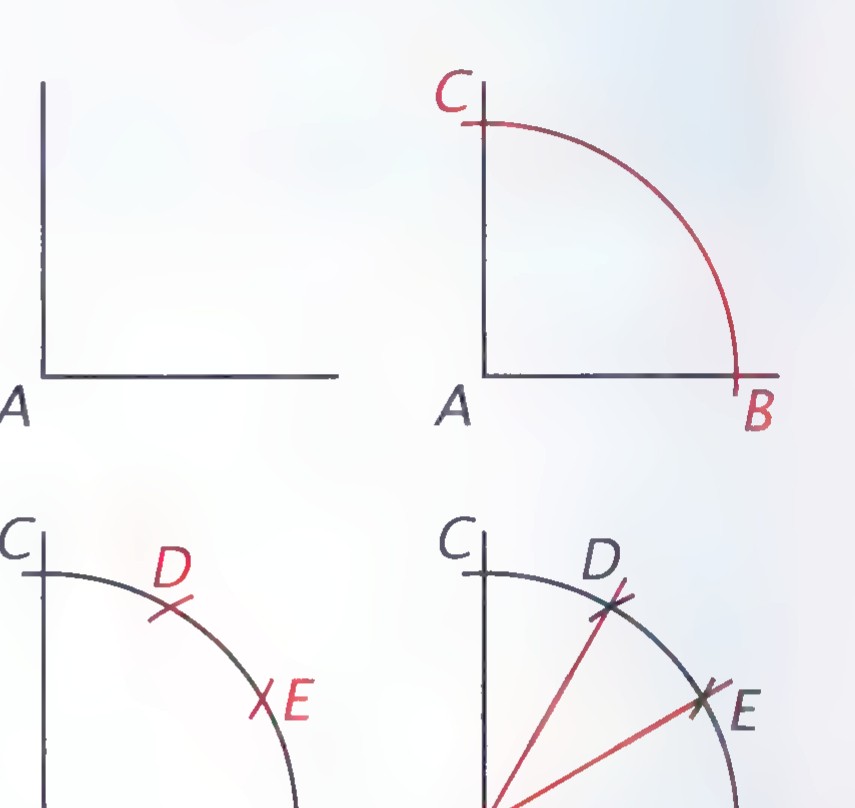 Four panels: right angle A; an arc from A meeting the sides at B and C; arcs of the same radius from B and C meeting arc BC at D and E; and AD and AE drawn.