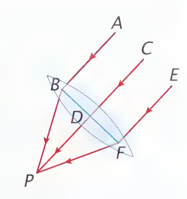 A magnifying glass drawn as a lens with rays A, C, E entering it, converging at P below; B, D, F lie on the lens and BP, CP, FP meet at P.