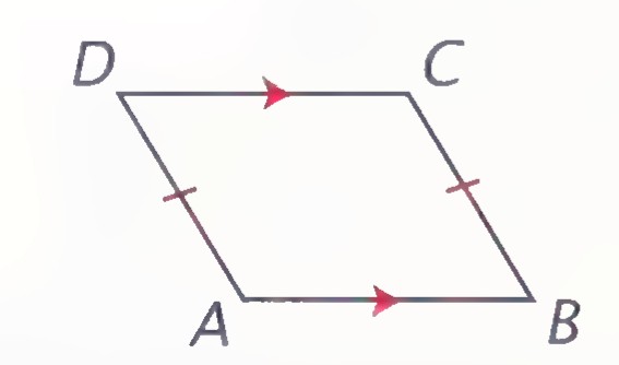 Quadrilateral ABCD with AD and BC marked equal and arrowheads showing AB parallel to DC.