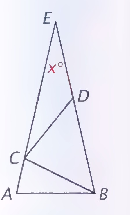 Isosceles triangle ABE with points C on AE and D on EB, and segments BC and CD drawn; angle E is marked x°.