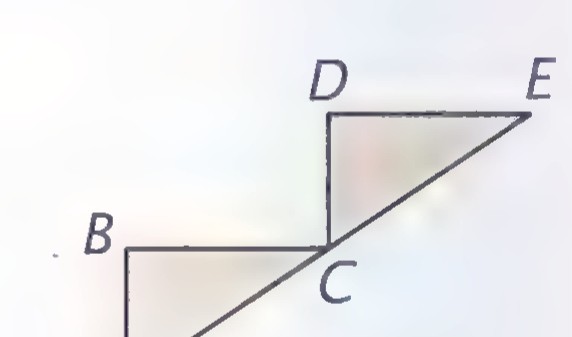 Two right triangles, ABC and CDE, joined like stair steps, with AB and CD marked equal and C the midpoint of AE.