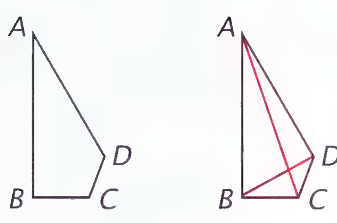 Two quadrilaterals ABCD side by side; in the right one the diagonals AC and BD are drawn.