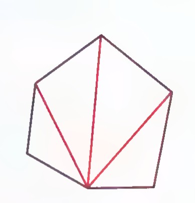 A pentagon with the diagonals from one vertex drawn in red, dividing it into three triangles.