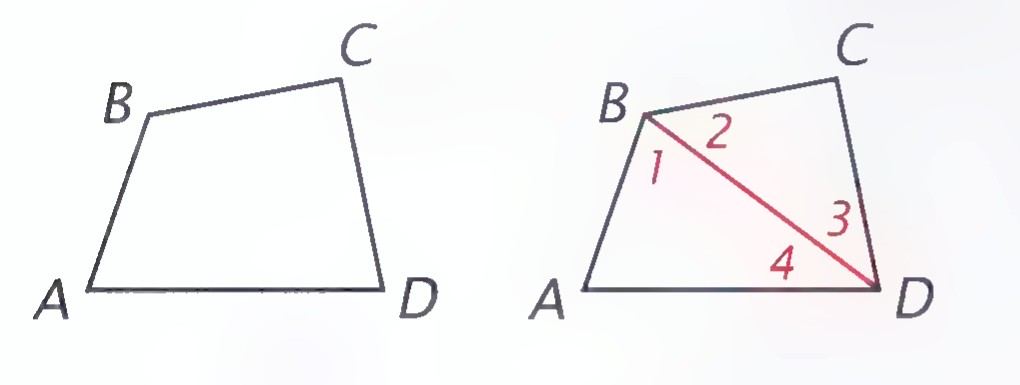 Two quadrilaterals ABCD; in the second the diagonal BD is drawn, dividing it into two triangles with angles numbered 1 through 4.