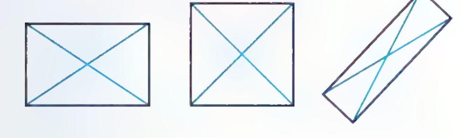 Three rectangles, one long, one nearly square, and one tilted, each with both diagonals drawn in blue.