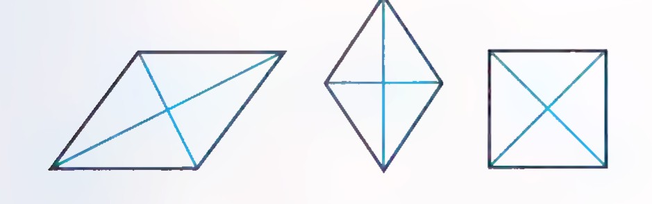 Three rhombuses, each with both diagonals drawn in blue.