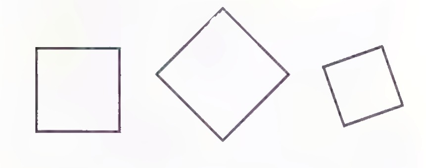 Three squares, one upright, one tilted like a diamond, and one slightly tilted.
