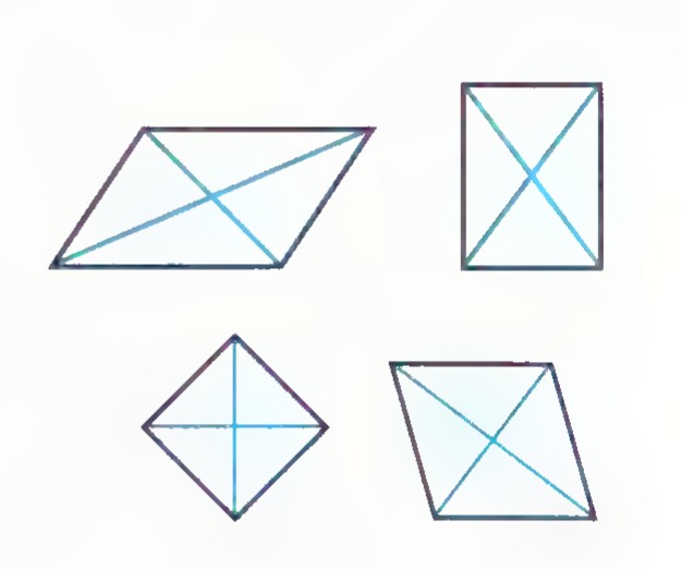 Four parallelograms in various shapes, each with both diagonals drawn in blue.