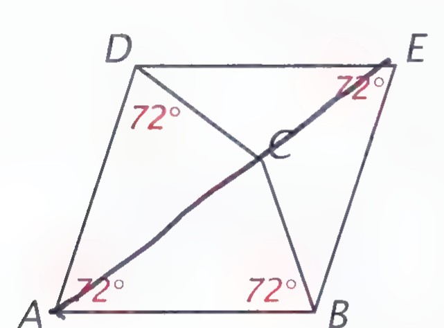 Quadrilateral ABED with diagonals AE and BD crossing at C; the angles at A, B, and D are marked 72°.