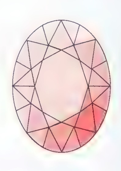 An oval-cut gemstone seen from above, its faces outlined as many small triangles.