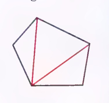 A pentagon with the two diagonals from one vertex drawn in red, dividing it into three triangles.