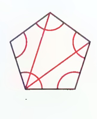 A pentagon divided into three triangles by diagonals from one vertex, with arcs marking all five interior angles.