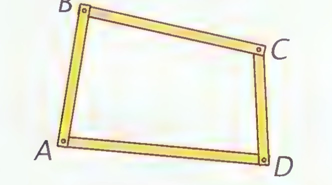 A four-rod linkage ABCD, the rods drawn in yellow, forming a slightly irregular quadrilateral.