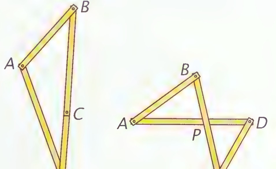 The same linkage in two more arrangements: at the left B, C, and D are collinear; at the right rods AD and BC cross at point P.