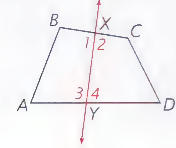 A quadrilateral ABCD crossed by a line through points X on BC and Y on AD, with angles 1, 2, 3, and 4 marked at X and Y.