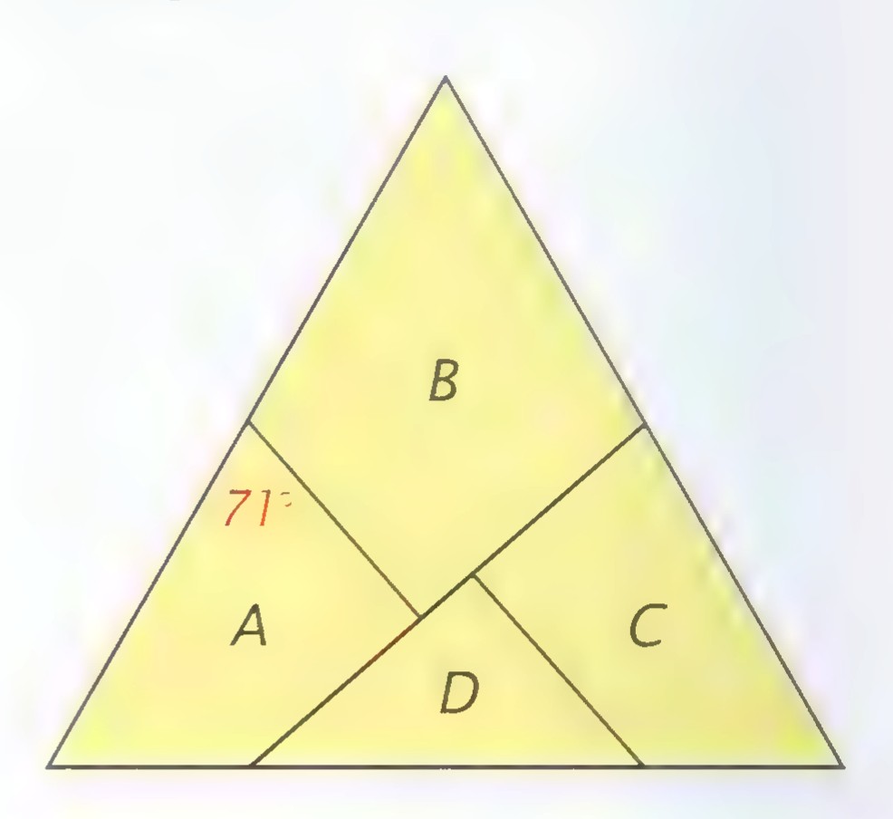 An equilateral triangle cut into four pieces labeled A, B, C, and D, with an angle of 71° marked in piece A.