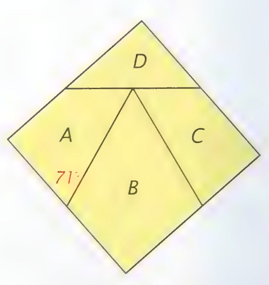The same four pieces A, B, C, and D rearranged into a square.