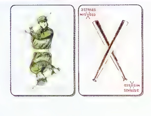 Two old baseball cards side by side: one shows a player in uniform, the other a large crossed X with small figures in the corners.