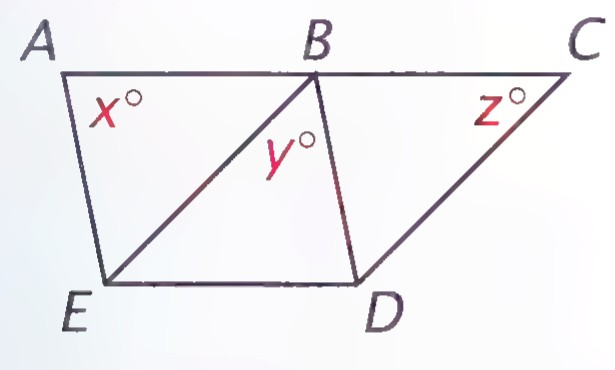 Two parallelograms ABDE and BCDE sharing side BE, with x°, y°, and z° marked at A, B, and C.