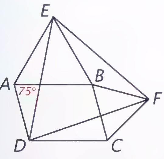 A parallelogram ABCD with the equilateral triangles ABE and BCF built outward on sides AB and BC, and the 75° angle at A marked.