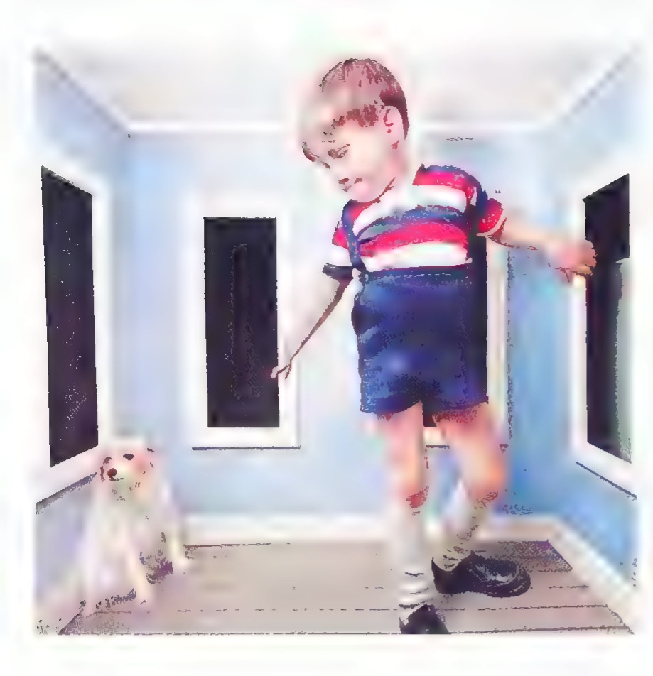 Photograph of a boy and a dog in a room, the boy appearing much larger than the dog.
