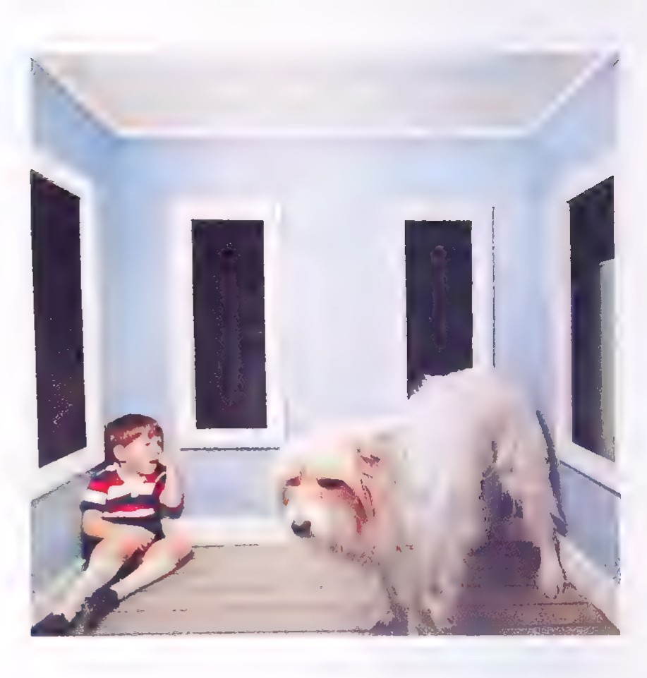 Photograph of the same boy and dog in the same room, now with the dog appearing much larger than the boy.