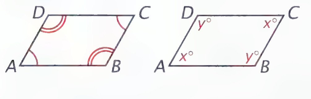 Two quadrilaterals ABCD; the first has arcs marking pairs of opposite angles, the second has the angles labeled x°, x°, y°, and y°.
