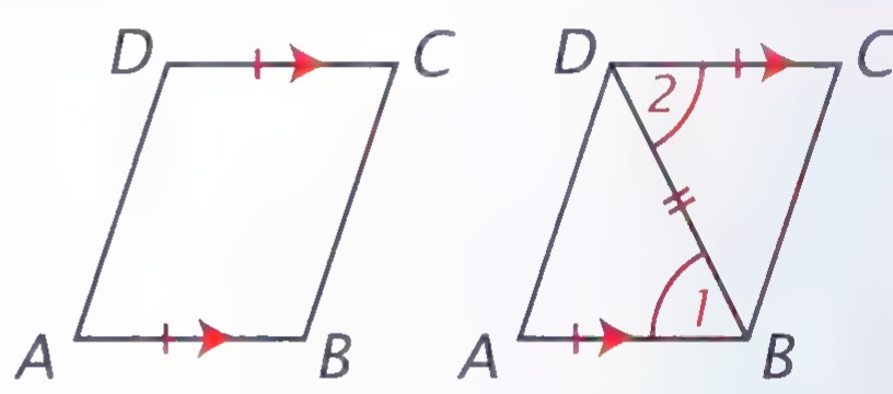 Two quadrilaterals ABCD with arrowheads and tick marks on AB and DC; the second has the diagonal DB and angles 1 and 2 marked.
