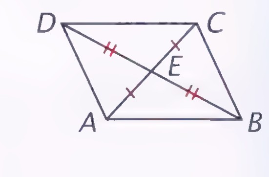 A quadrilateral ABCD with diagonals AC and BD meeting at E and tick marks on the four half-diagonals.